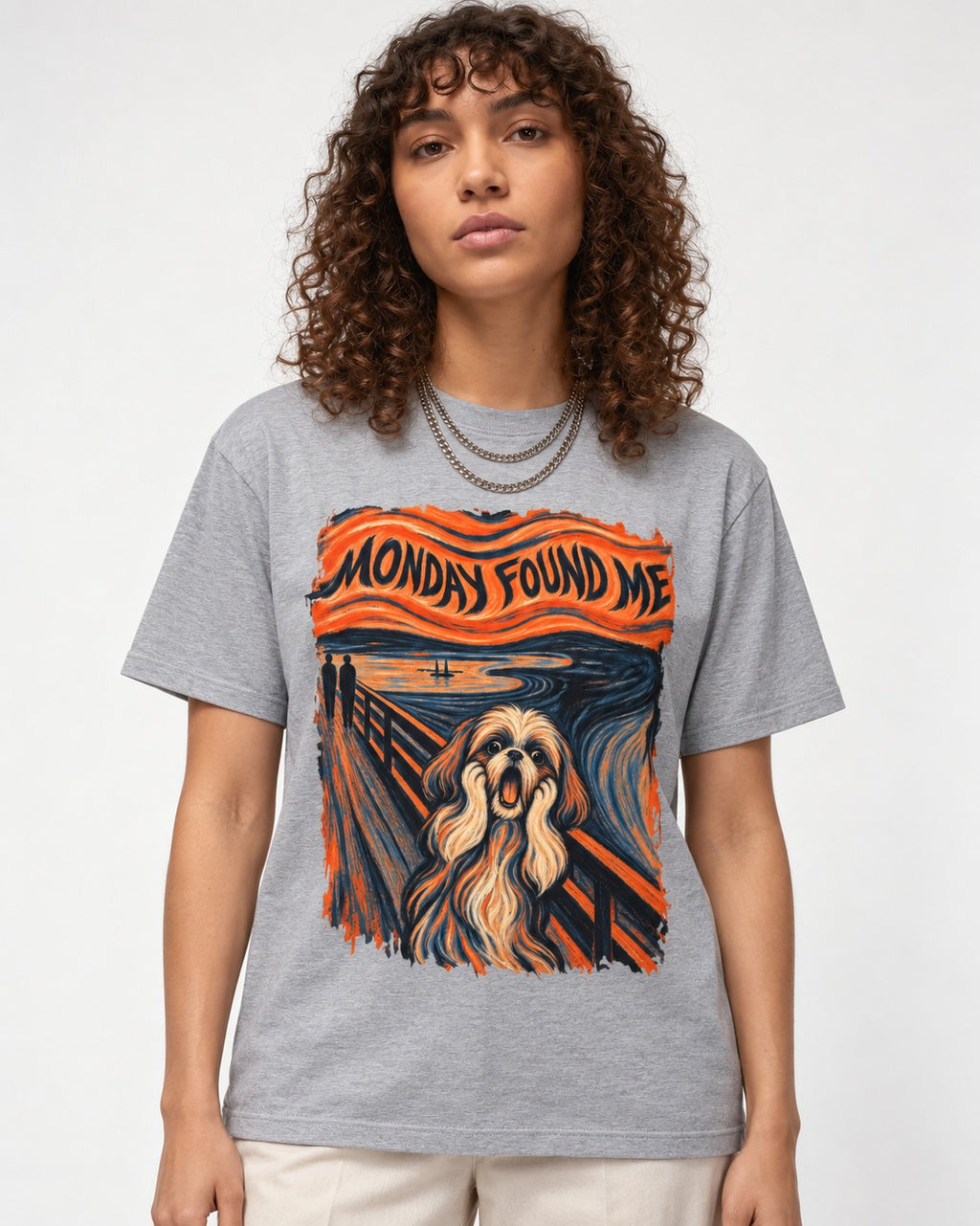 Shih Tzu Monday Found Me Scream Parody Graphic T-Shirt in Sport Grey, worn by a model