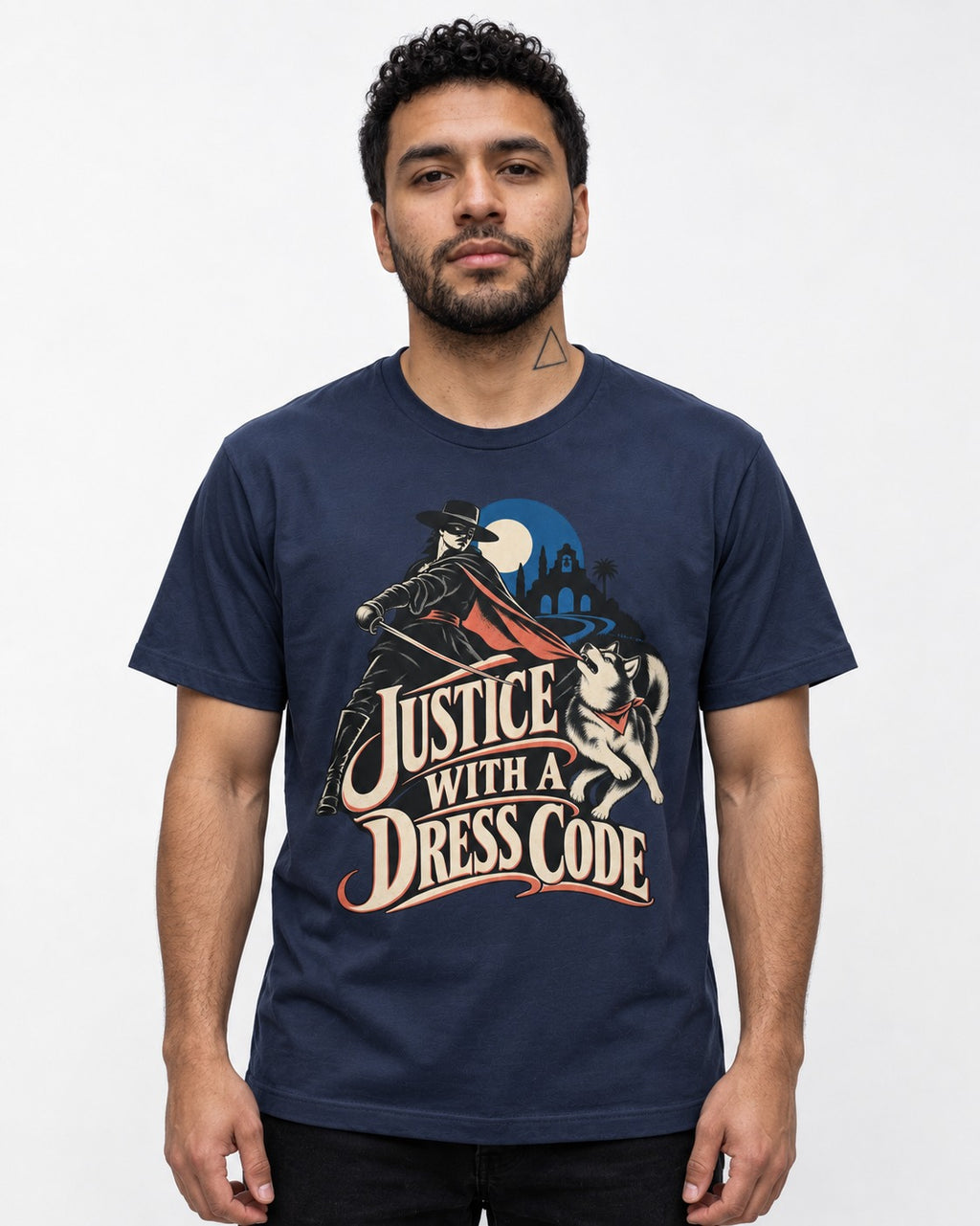 Husky Justice With A Dress Code Masked Swordsman Graphic T-Shirt in Navy, worn by a model