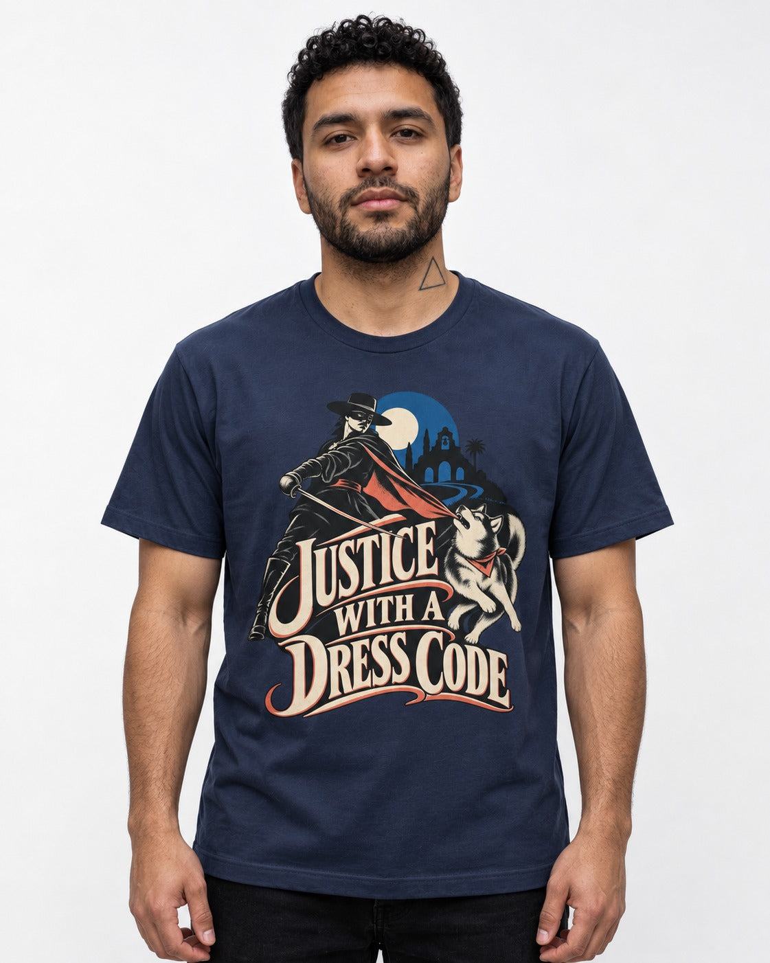 Husky Justice With A Dress Code Masked Swordsman Graphic T-Shirt in Navy, worn by a model