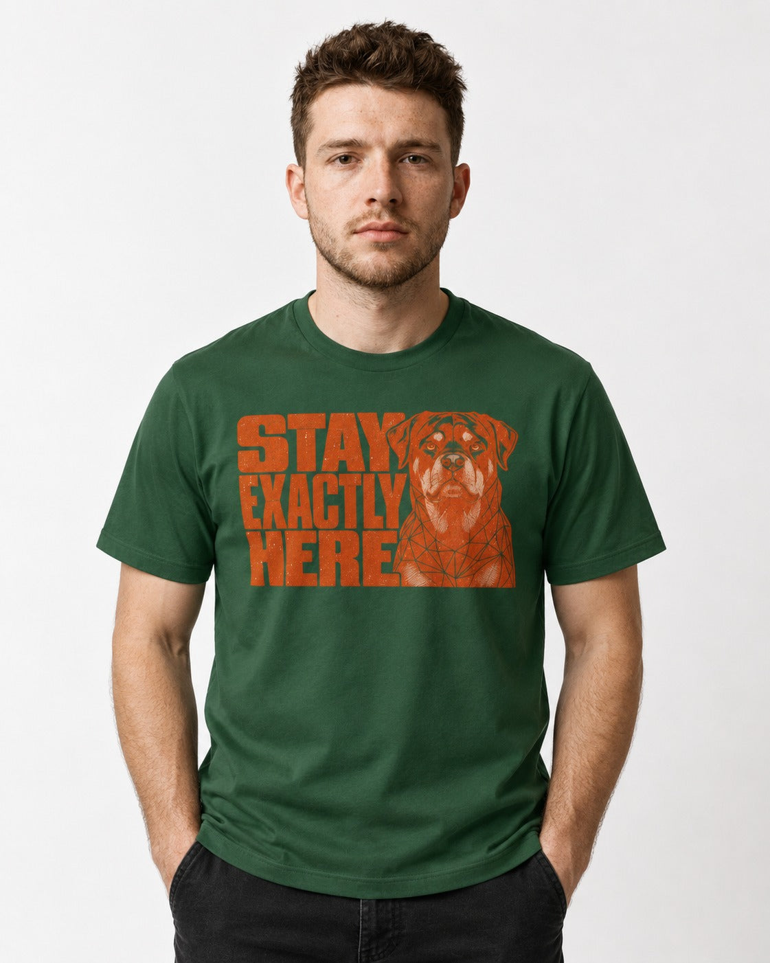 Rottweiler Stay Exactly Here Block Portrait Graphic T-Shirt in Forest Green, worn by a model