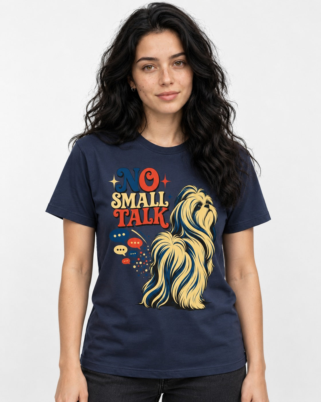 Shih Tzu No Small Talk Speech Bubble Graphic T-Shirt in Navy, worn by a model
