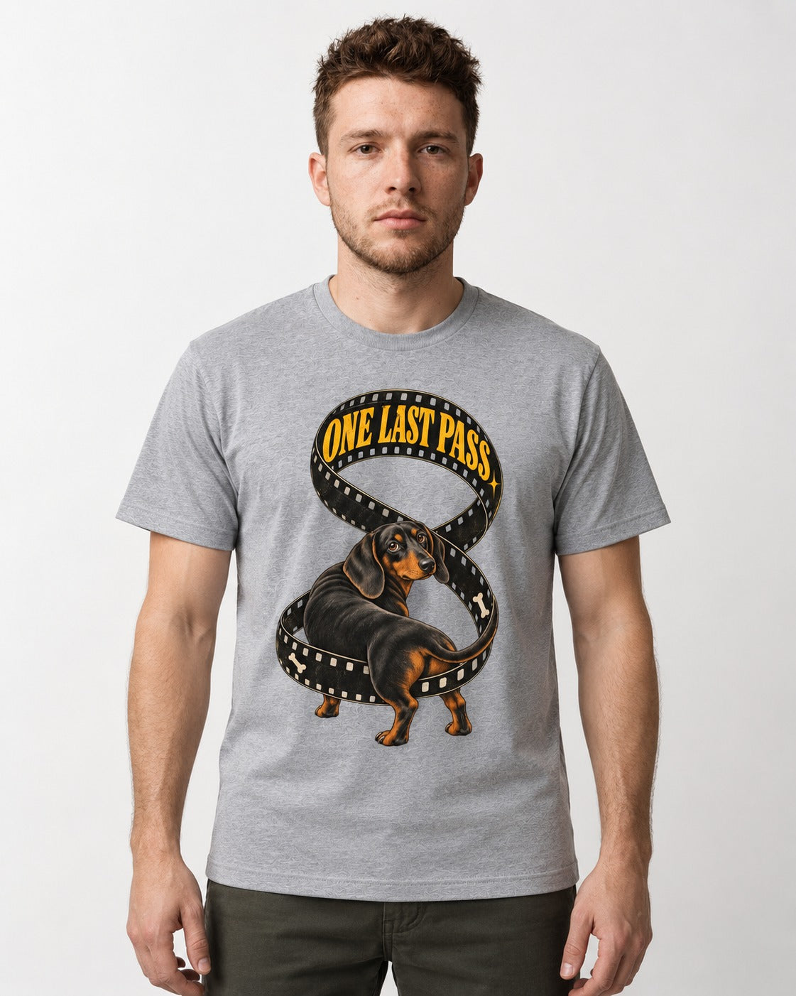 Dachshund's One Last Pass T-Shirt in Sport Grey, worn by a model