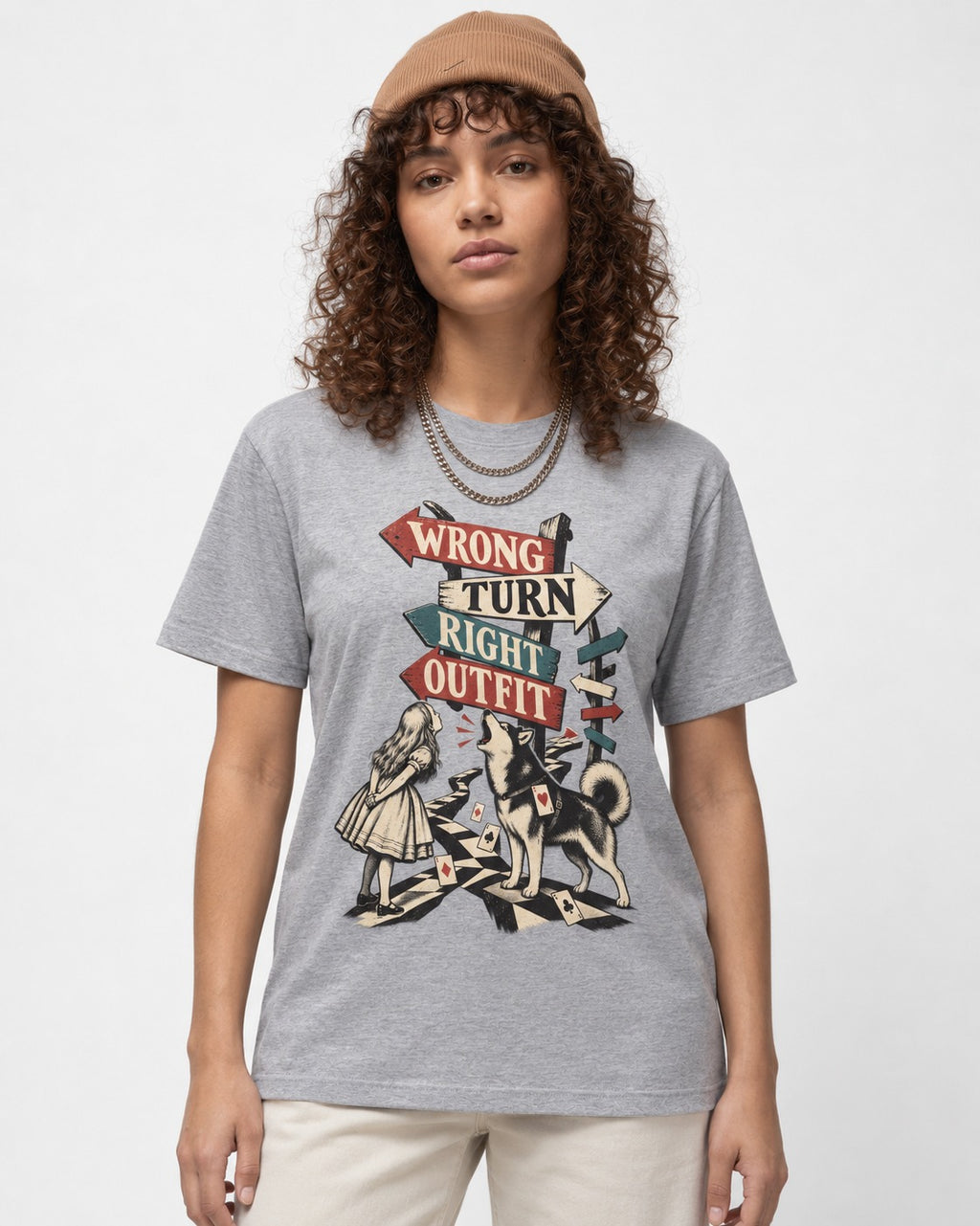Husky Wrong Turn Right Outfit Wonderland Signpost Graphic T-Shirt in Sport Grey, worn by a model