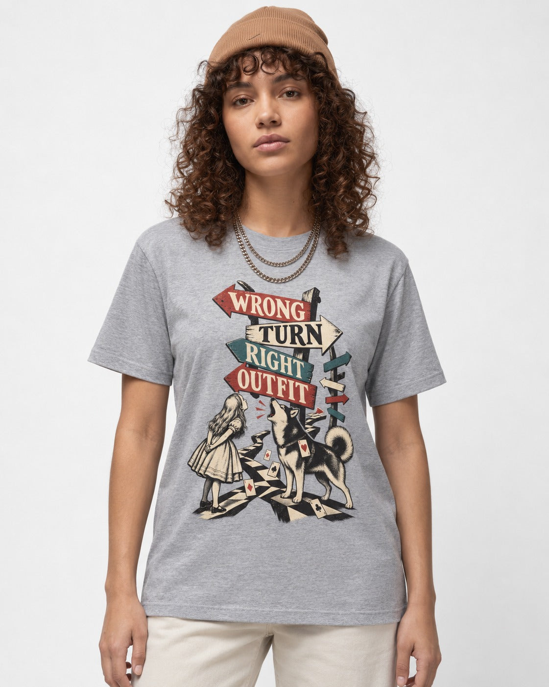 Husky Wrong Turn Right Outfit Wonderland Signpost Graphic T-Shirt in Sport Grey, worn by a model