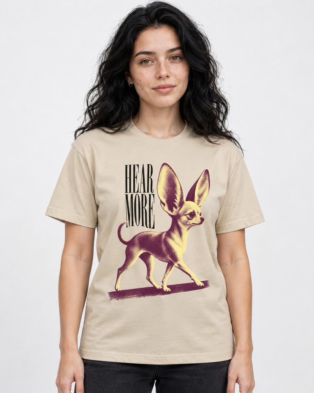 Hear More Chihuahua T-Shirt in Sand, worn by a model