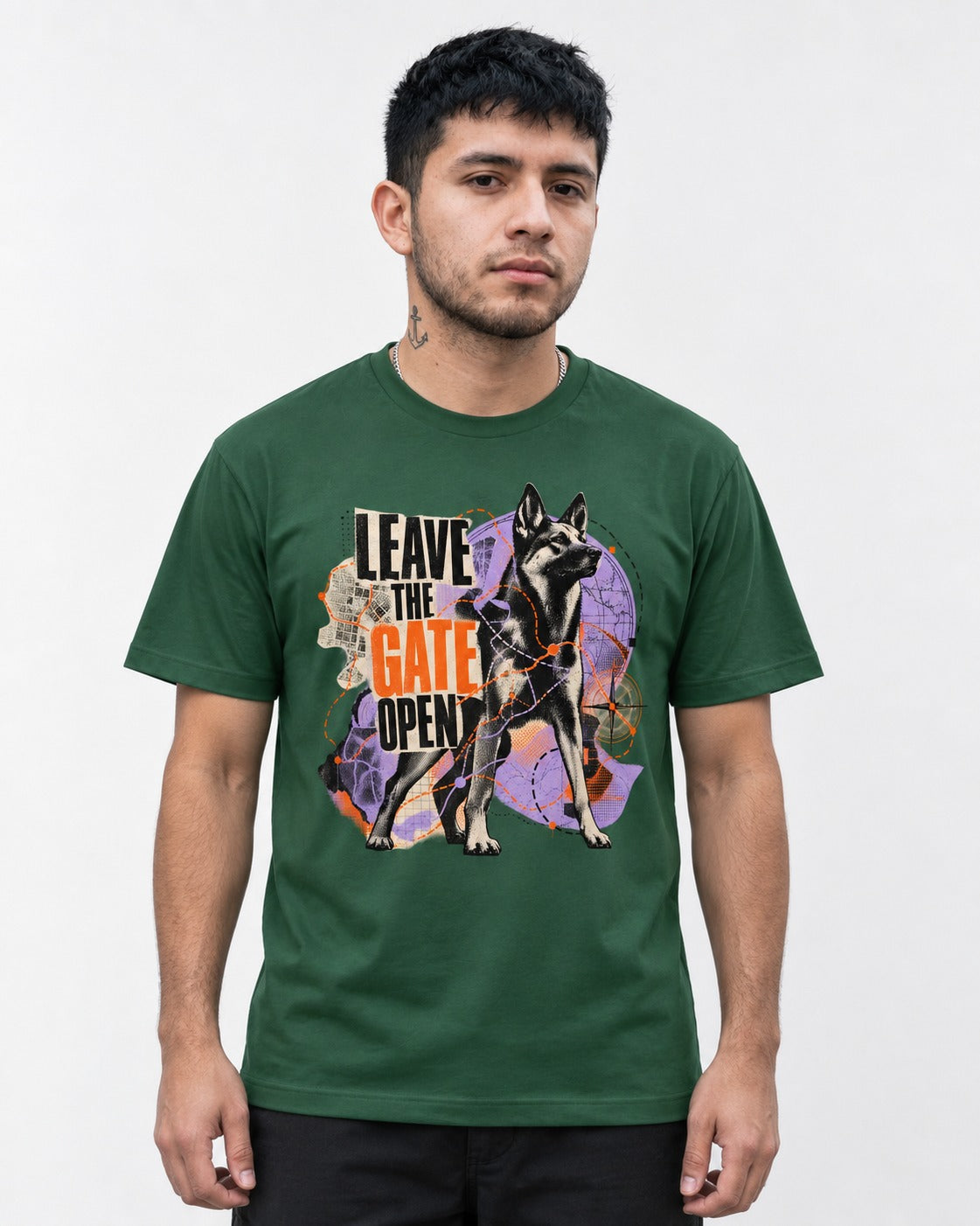Leave The Gate Open Transit Collage German Shepherd Dog Graphic T-Shirt in Forest Green, worn by a model
