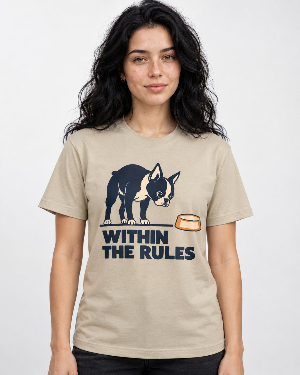 Within the Rules Boston Terrier T-Shirt in Sand, worn by a model