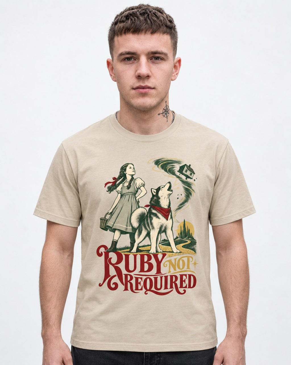 Ruby Not Required for Husky T-Shirt in Sand, worn by a model