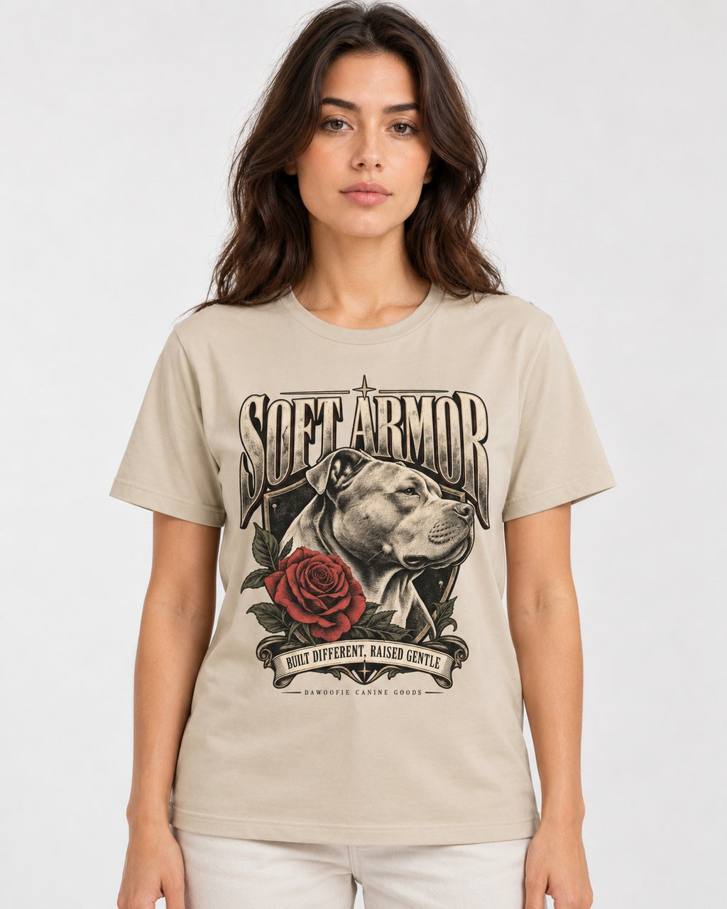 Pitbull Soft Armor T-Shirt in Sand, worn by a model