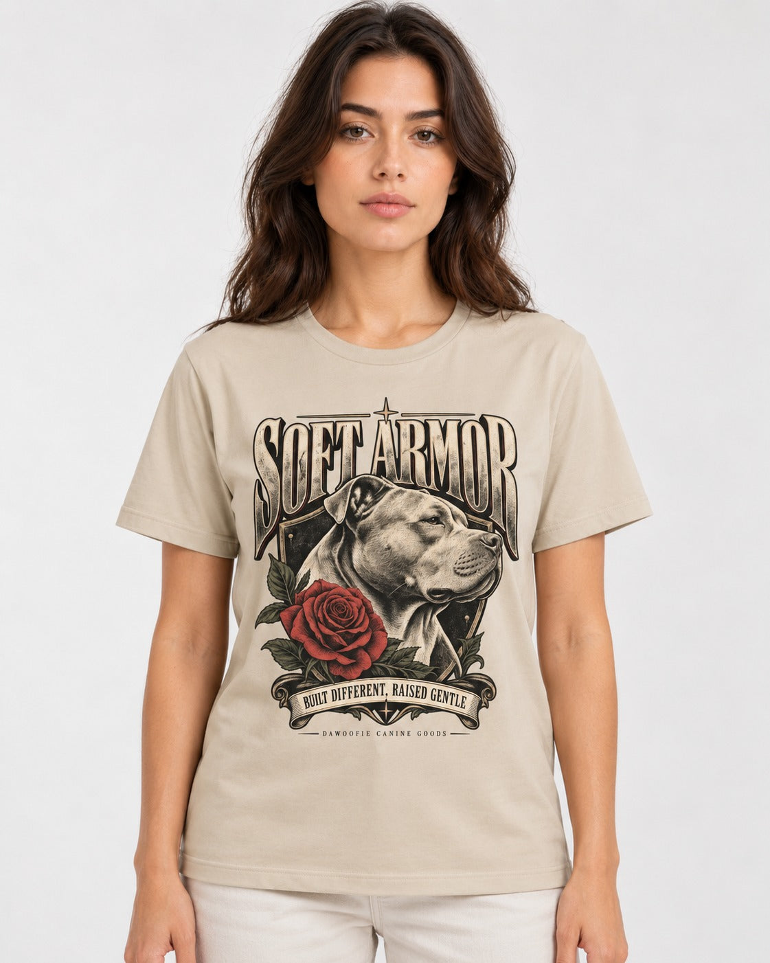 Pitbull Soft Armor T-Shirt in Sand, worn by a model