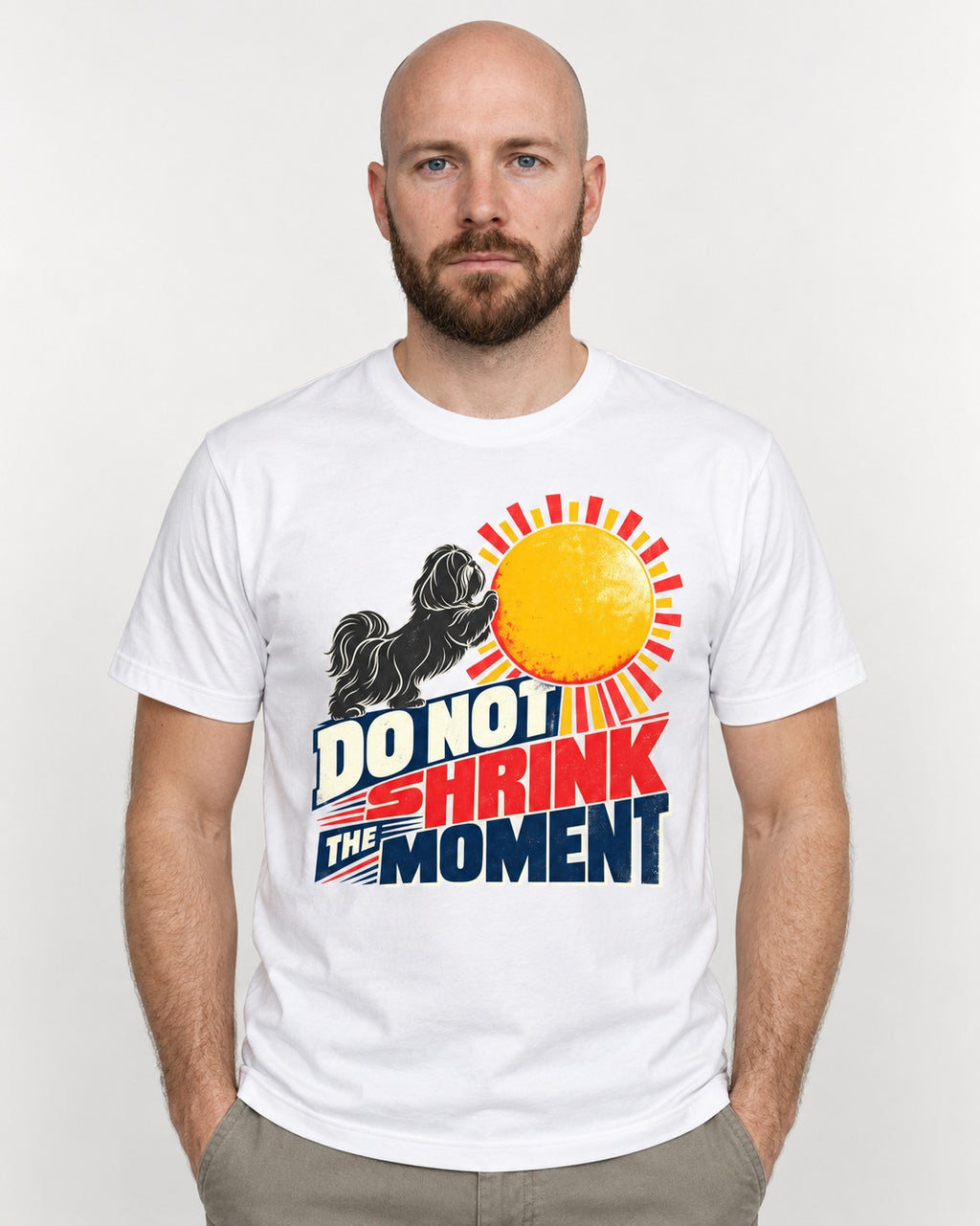 Shih Tzu Do Not Shrink the Moment Sun Graphic T-Shirt in White, worn by a model