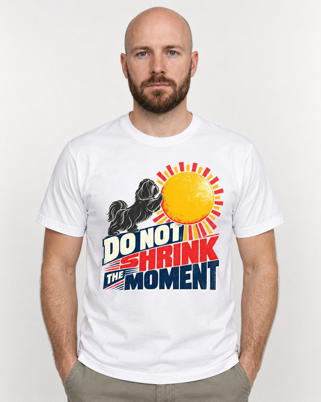 Shih Tzu Do Not Shrink the Moment Sun Graphic T-Shirt in White, worn by a model