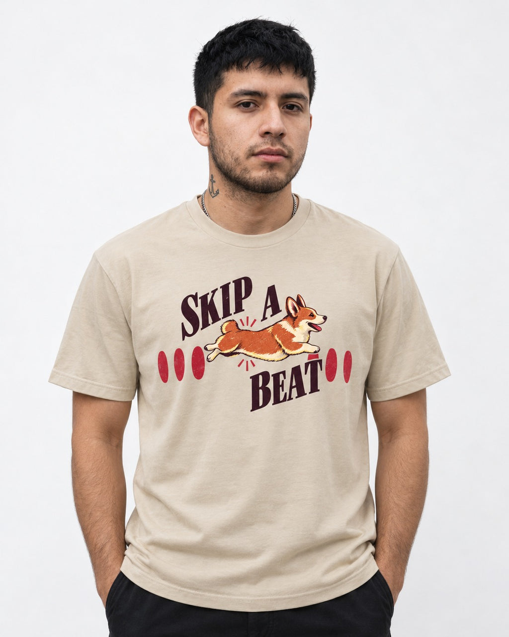 Skip a Beat Corgi T-Shirt in Sand, worn by a model