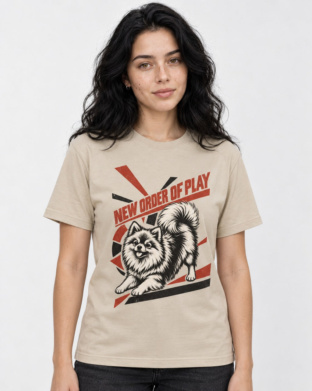 Pomeranian Order of Play T-Shirt in Sand, worn by a model