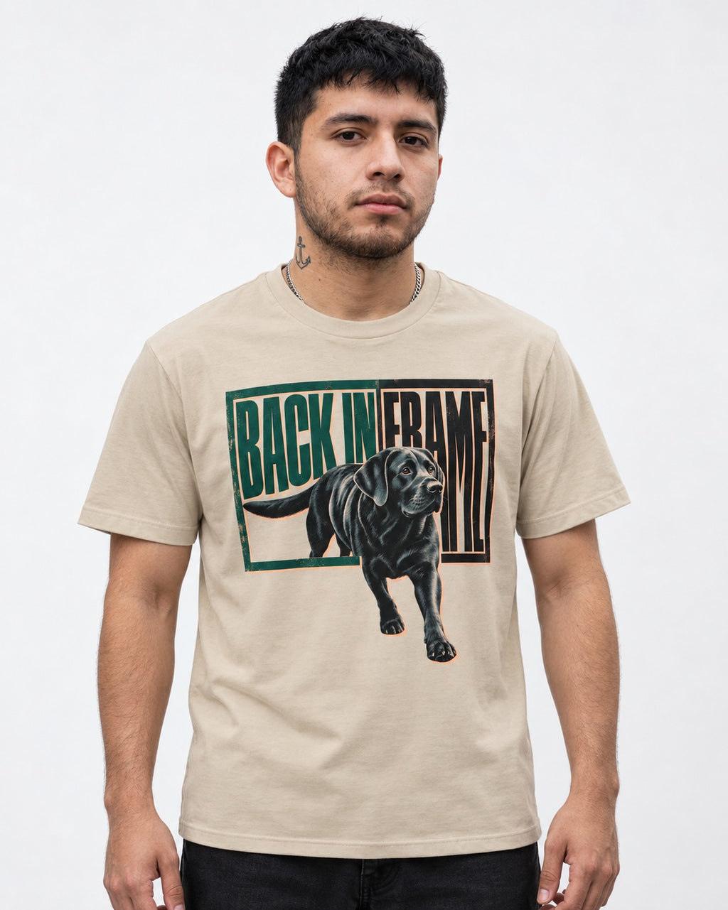 Labrador Retriever Back in Frame T-Shirt in Sand, worn by a model