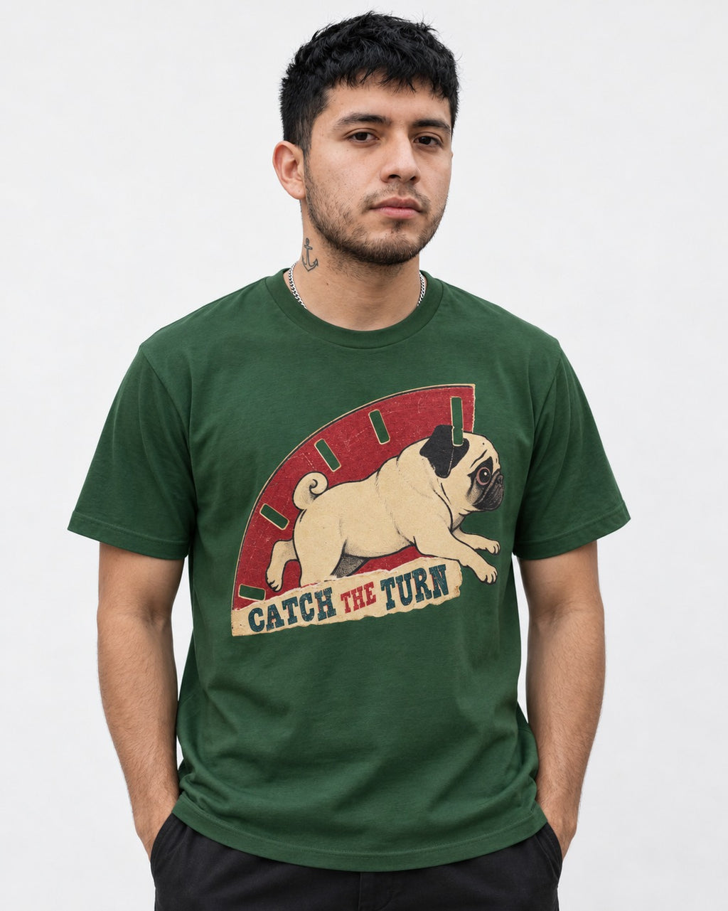 Pug Catch the Turn Track Graphic T-Shirt in Forest Green, worn by a model