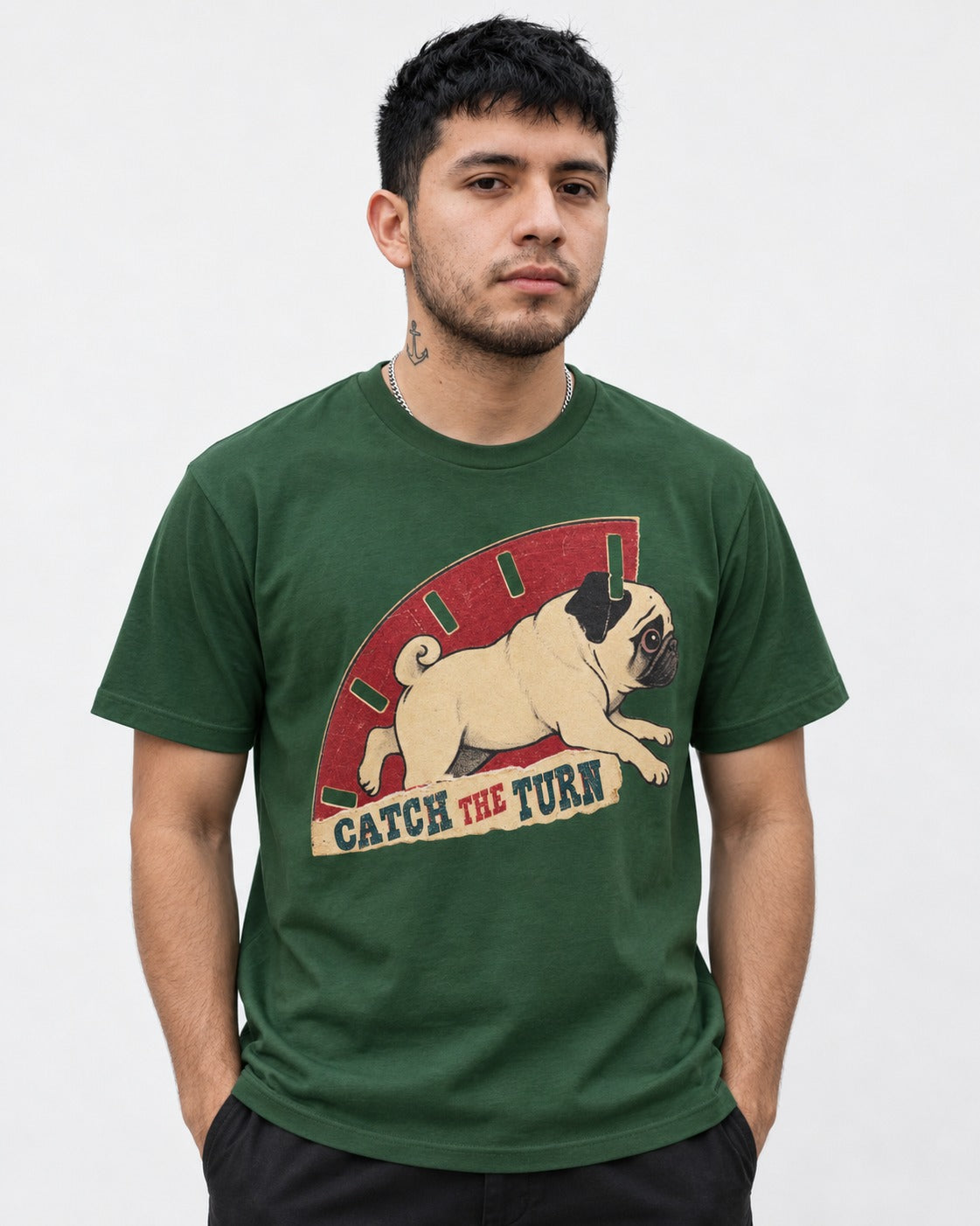 Pug Catch the Turn Track Graphic T-Shirt in Forest Green, worn by a model