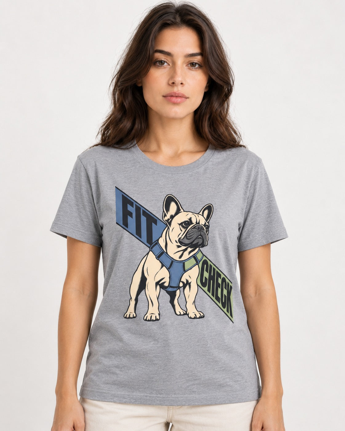 Frenchie Fit Check T-Shirt in Sport Grey, worn by a model