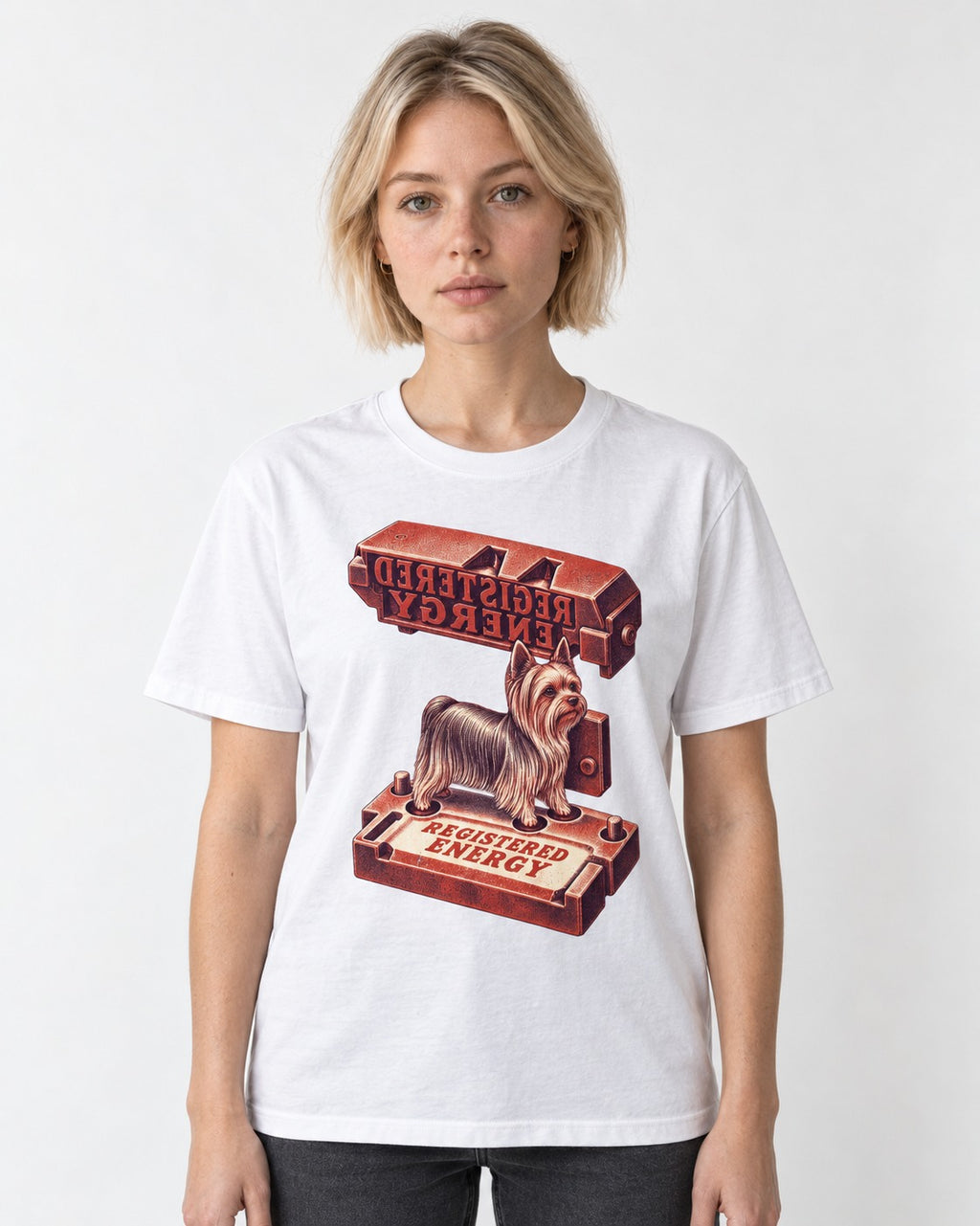 Yorkshire Terrier Registered Energy Stamp Press Graphic T-Shirt in White, worn by a model