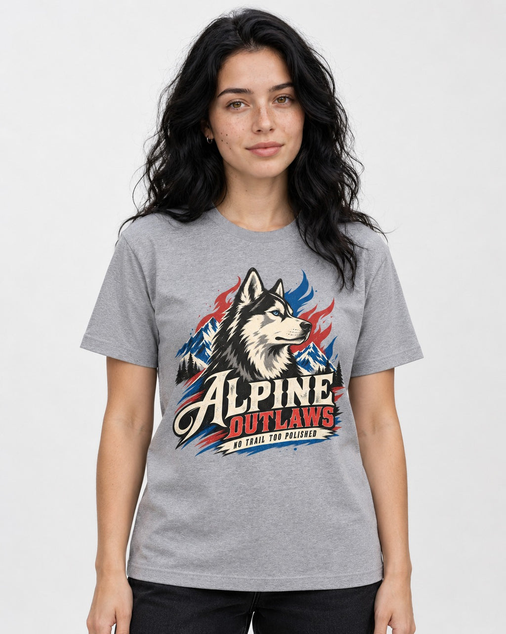 Husky Alpine Outlaws No Trail Too Polished Graphic T-Shirt in Sport Grey, worn by a model
