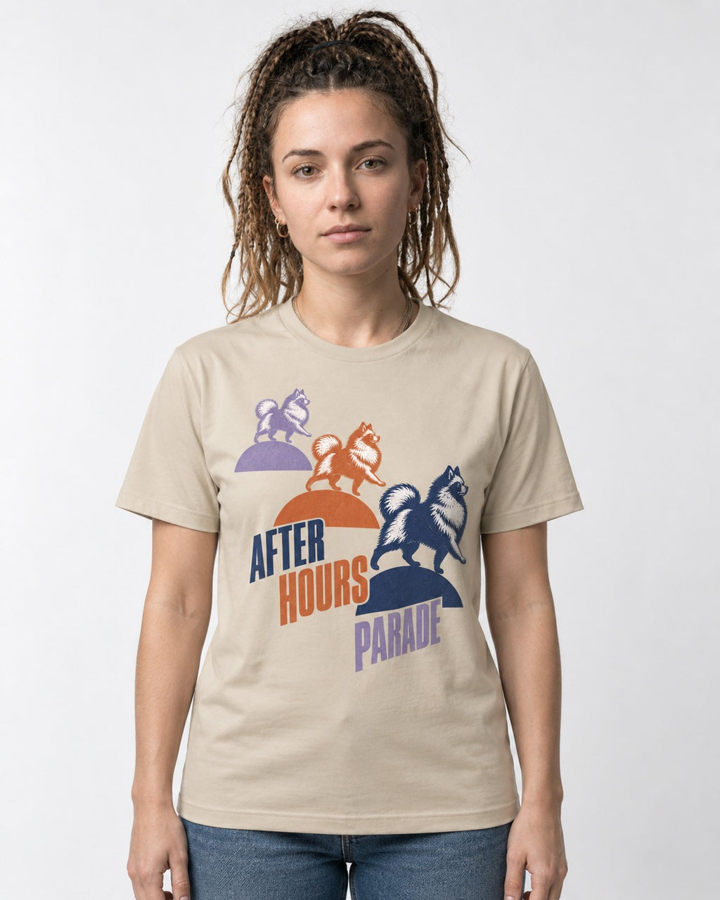 Pomeranian After Hours Parade T-Shirt in Sand, worn by a model