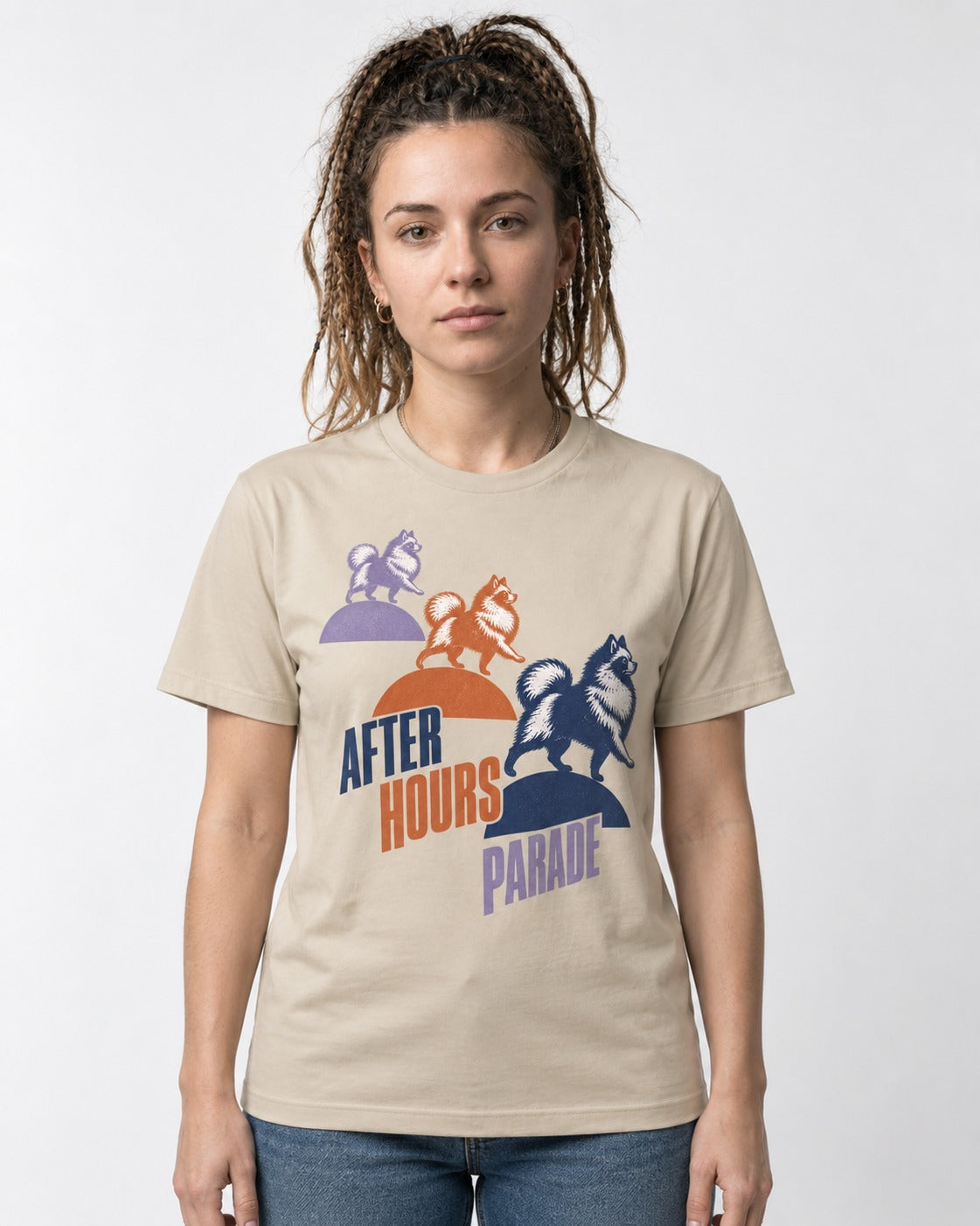 Pomeranian After Hours Parade T-Shirt in Sand, worn by a model