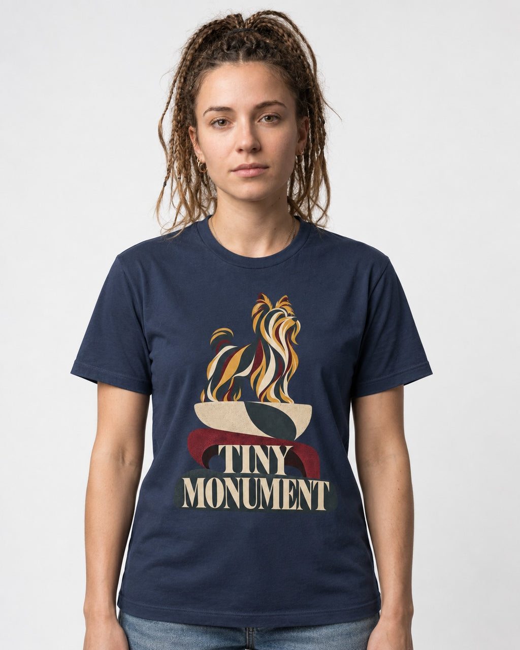 Yorkshire Terrier Tiny Monument Sculptural Plinth Graphic T-Shirt in Navy, worn by a model
