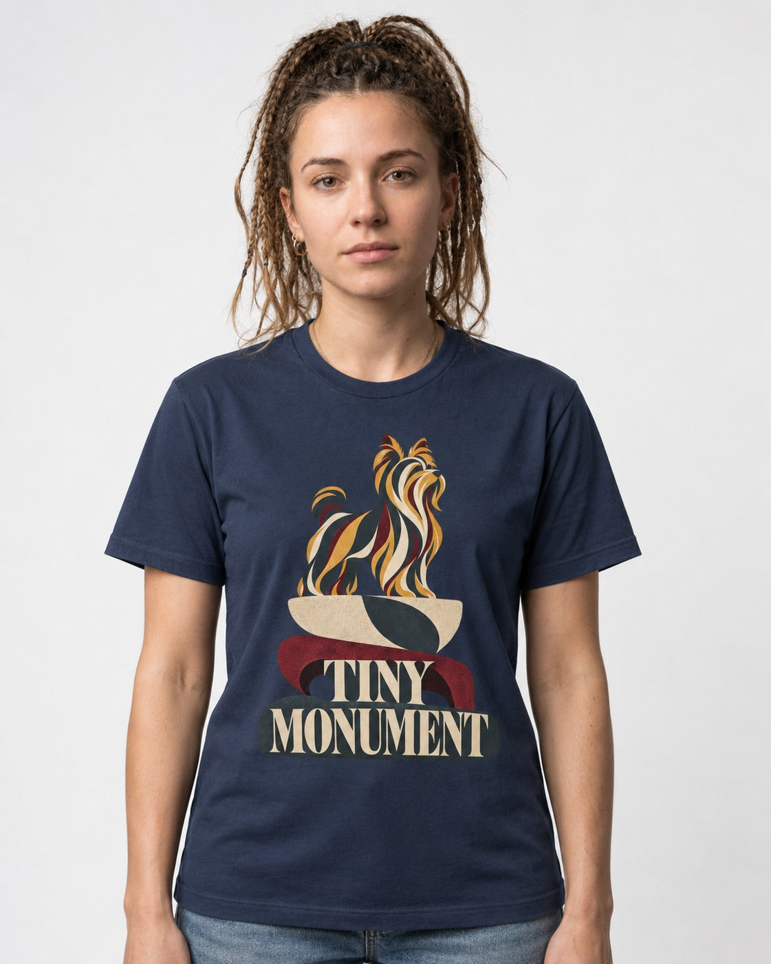 Yorkshire Terrier Tiny Monument Sculptural Plinth Graphic T-Shirt in Navy, worn by a model