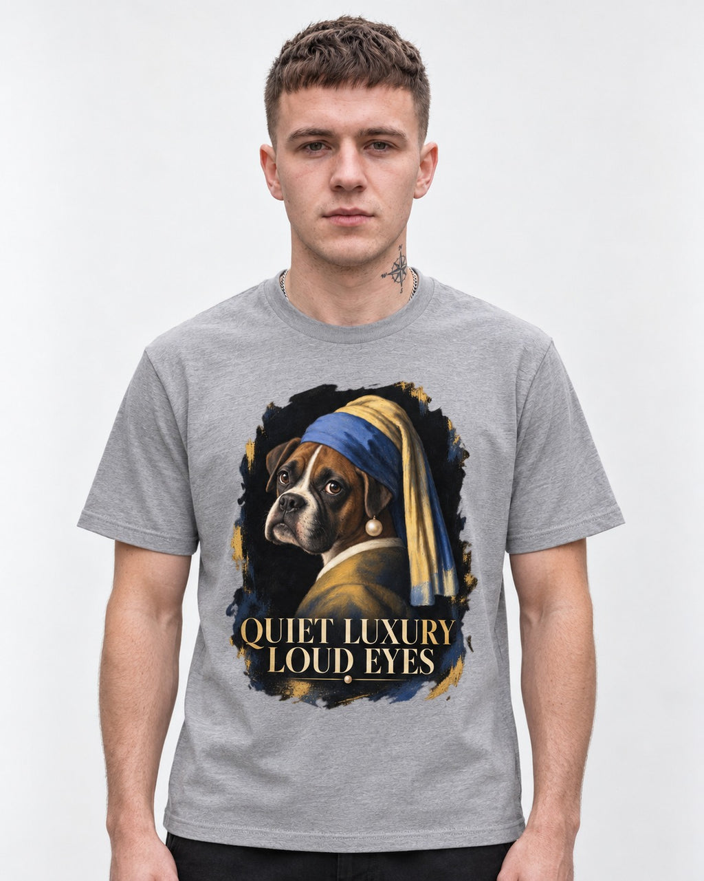 Quiet Luxury Loud Eyes Boxer Pearl Portrait T-Shirt in Sport Grey, worn by a model