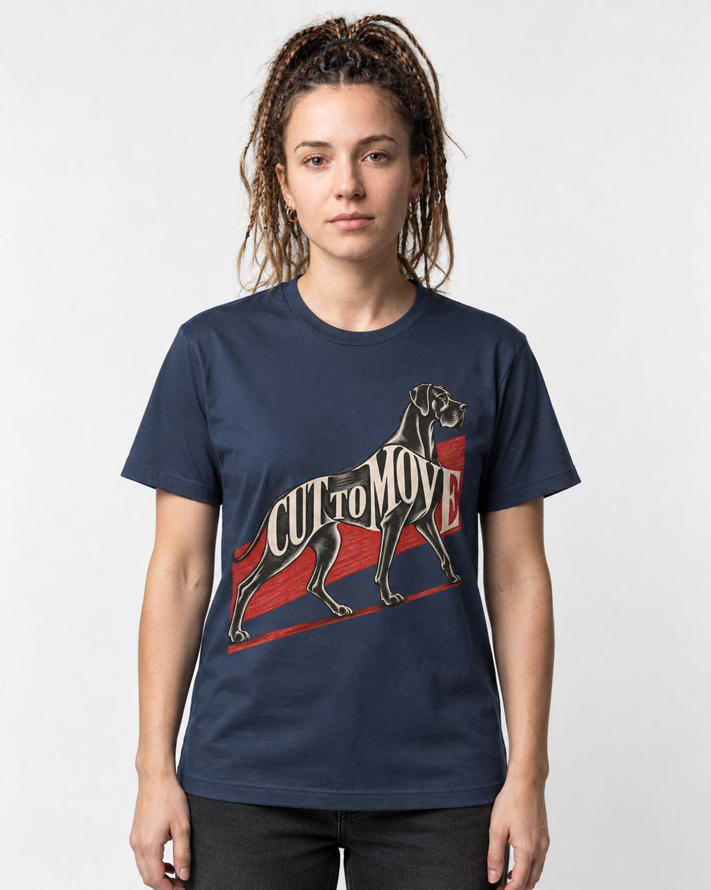 Great Dane Cut to Move Walking Typography Graphic T-Shirt in Navy, worn by a model