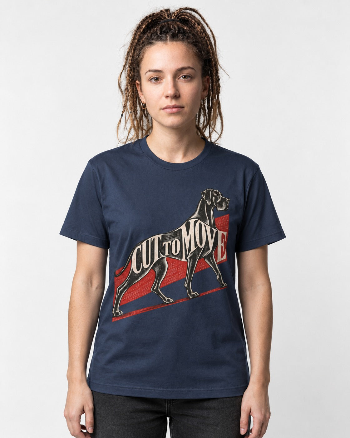 Great Dane Cut to Move Walking Typography Graphic T-Shirt in Navy, worn by a model