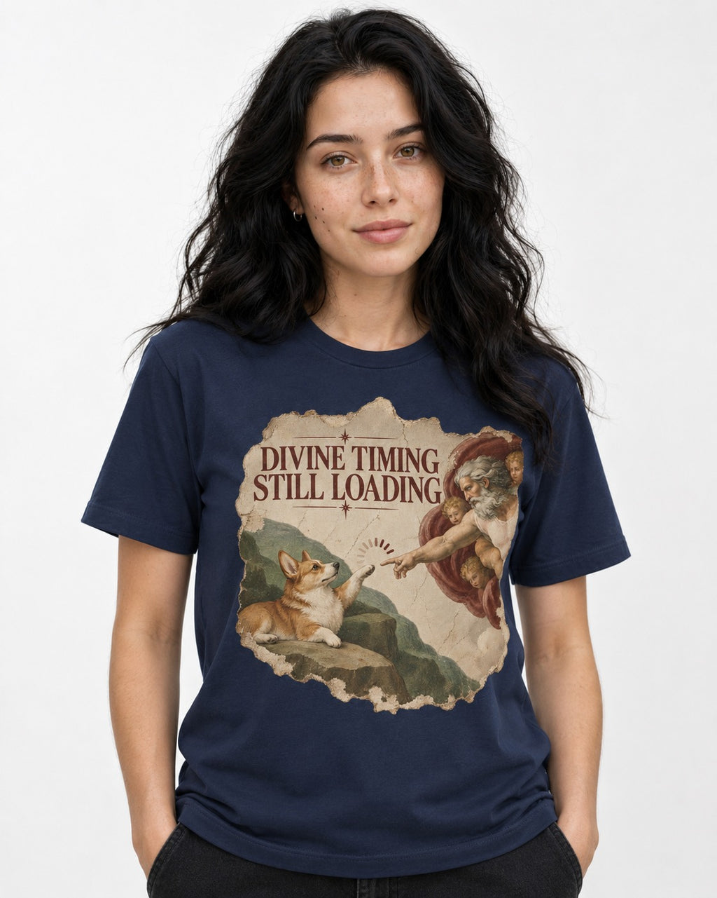 Corgi Divine Timing Still Loading Creation Parody T-Shirt in Navy, worn by a model