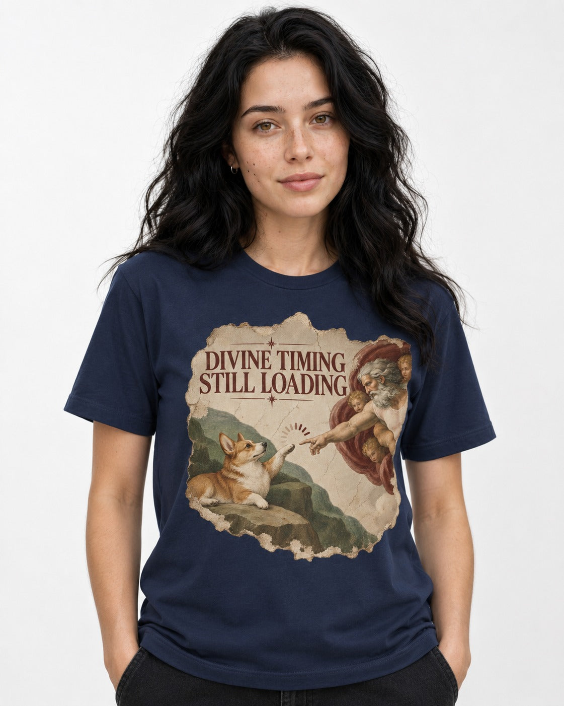 Corgi Divine Timing Still Loading Creation Parody T-Shirt in Navy, worn by a model