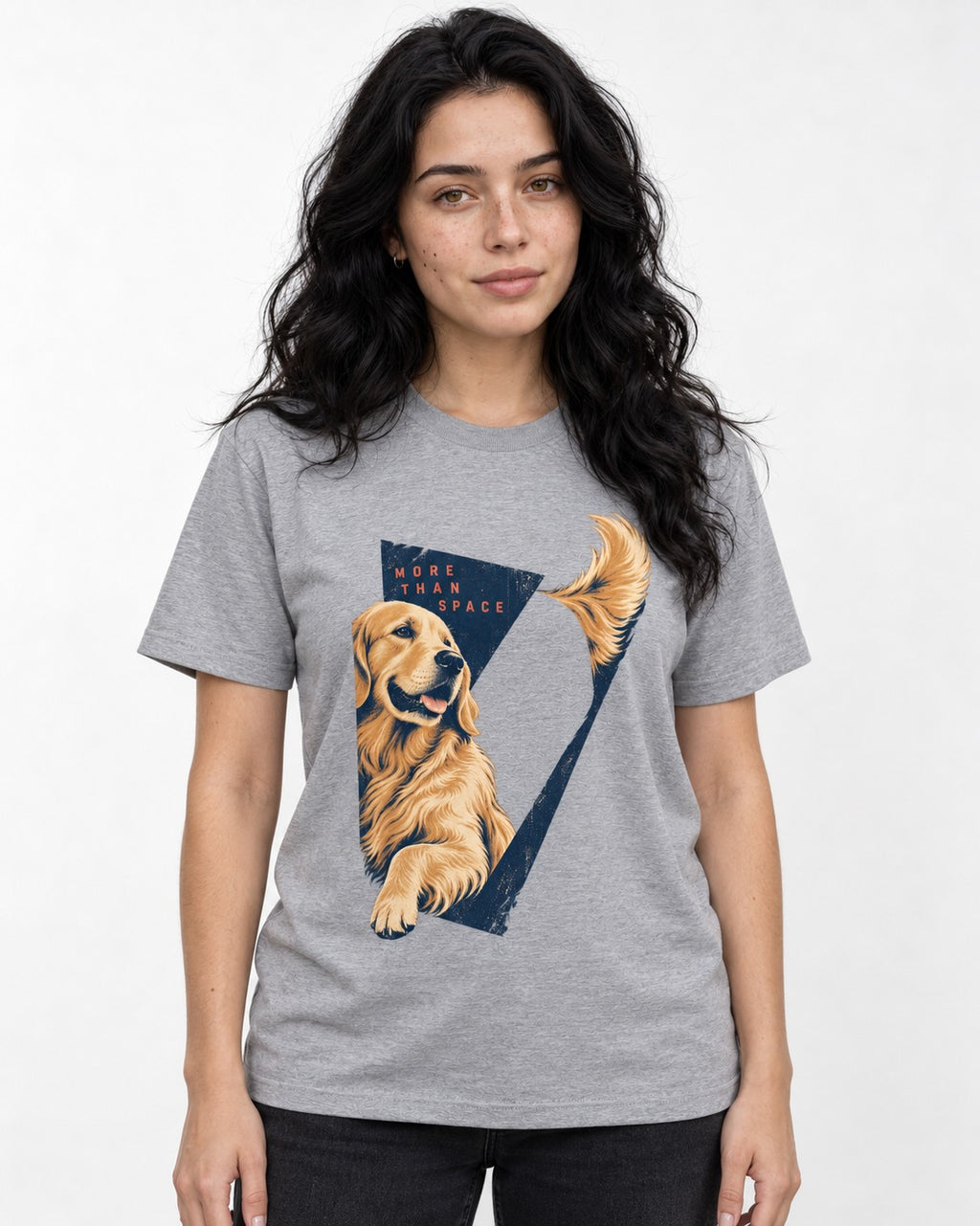 Golden Retriever More Than Space T-Shirt in Sport Grey, worn by a model