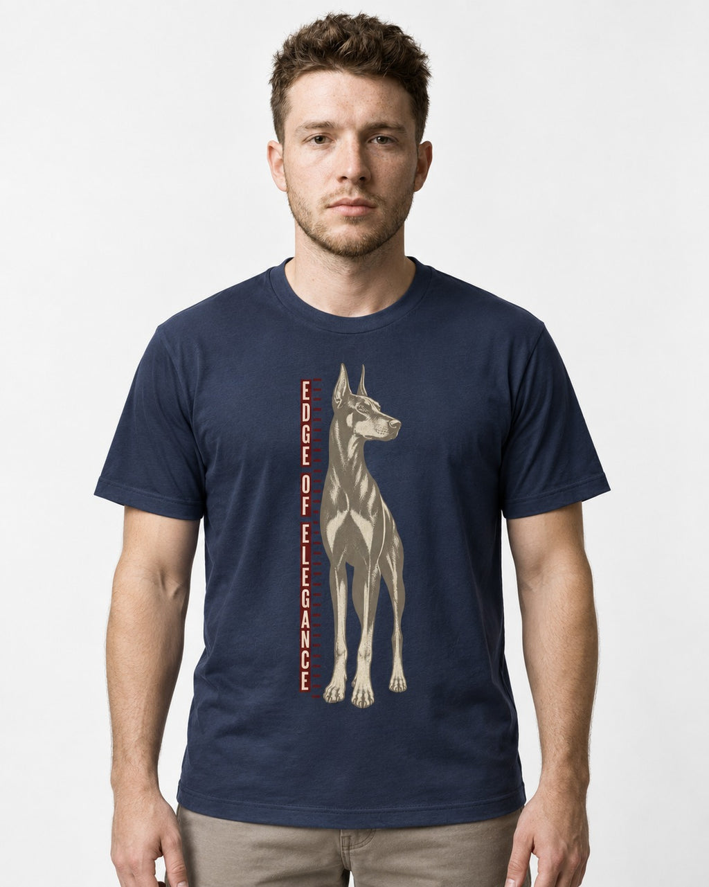 Doberman Edge of Elegance Height Chart Graphic T-Shirt in Navy, worn by a model