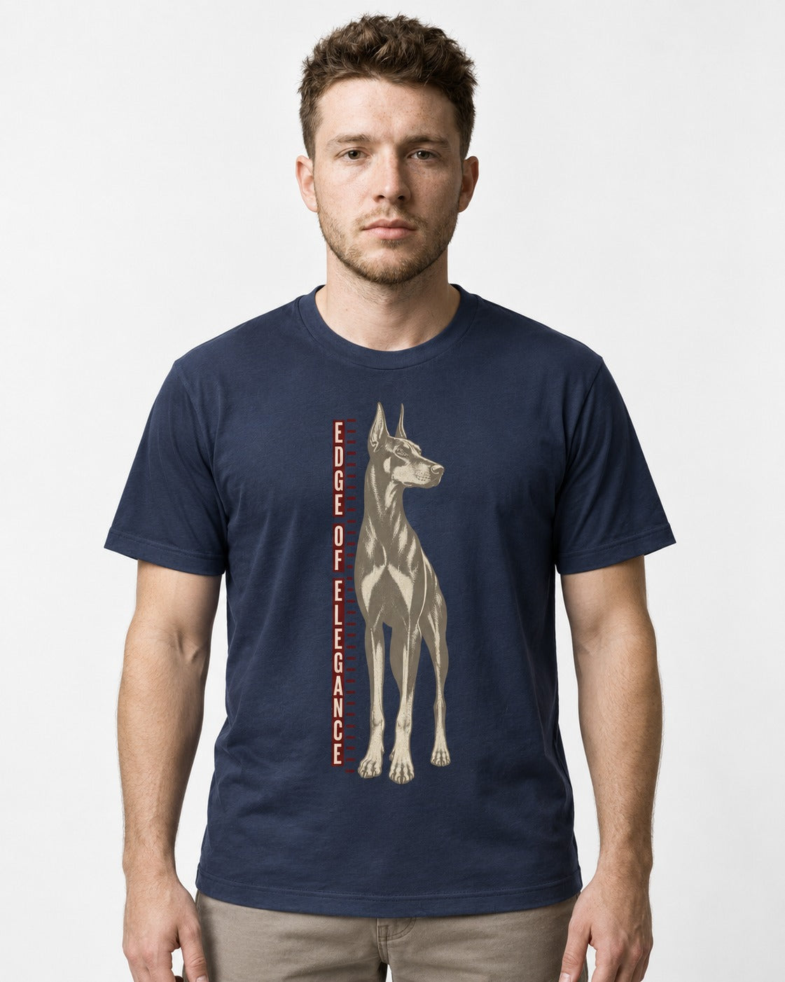 Doberman Edge of Elegance Height Chart Graphic T-Shirt in Navy, worn by a model