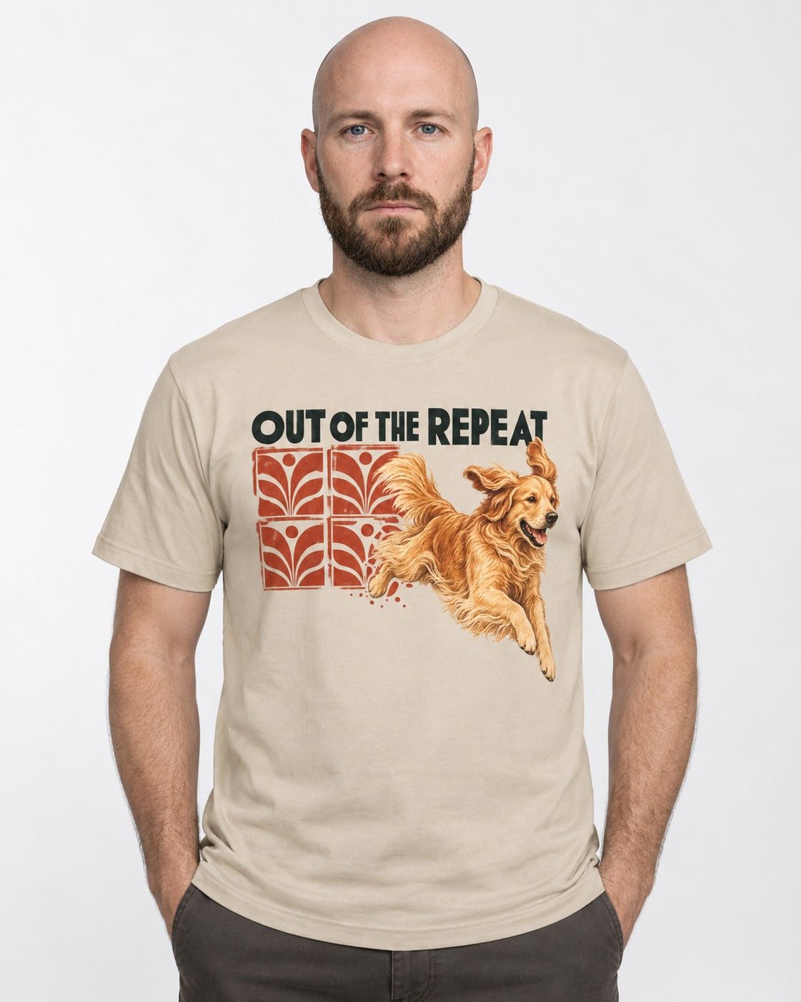 Golden Retriever Out of the Repeat T-Shirt in Sand, worn by a model