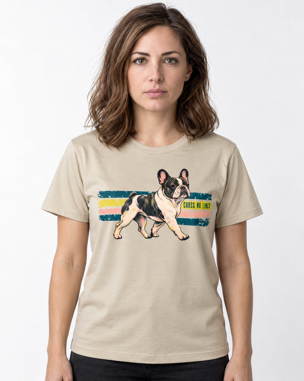 Frenchie Cross No Lines T-Shirt in Sand, worn by a model