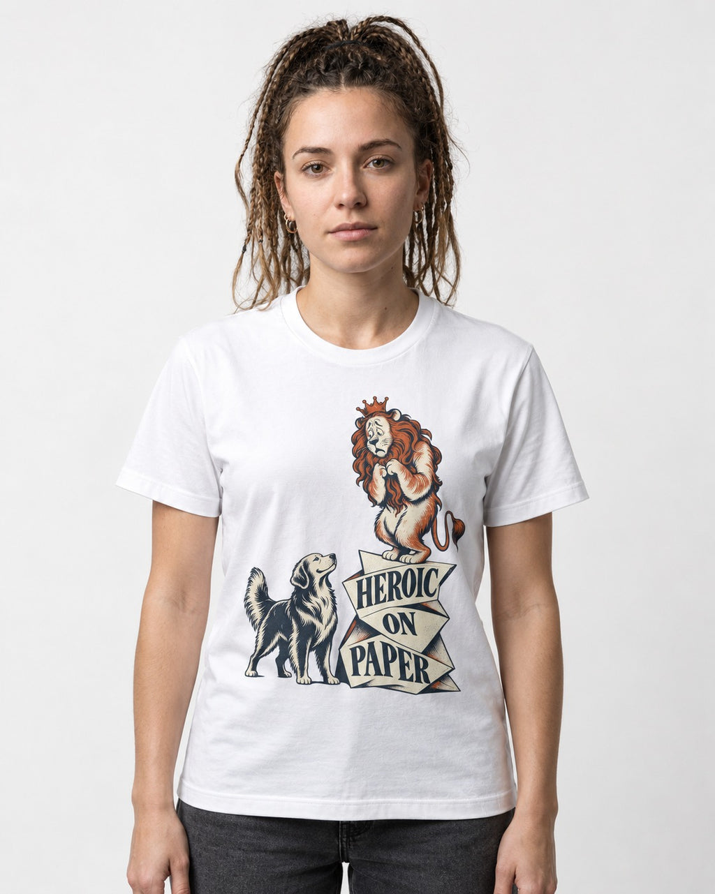 Golden Retriever Heroic on Paper Lion Graphic T-Shirt in White, worn by a model