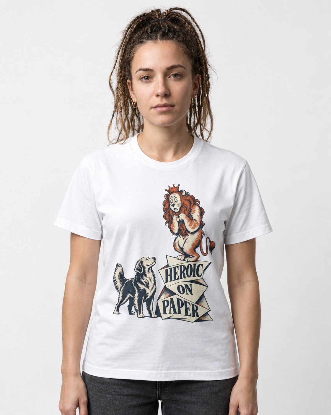 Golden Retriever Heroic on Paper Lion Graphic T-Shirt in White, worn by a model