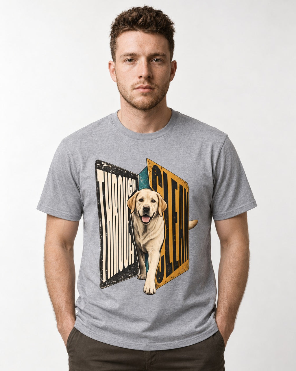 Labrador Retriever Through Steel Split Sign Graphic T-Shirt in Sport Grey, worn by a model