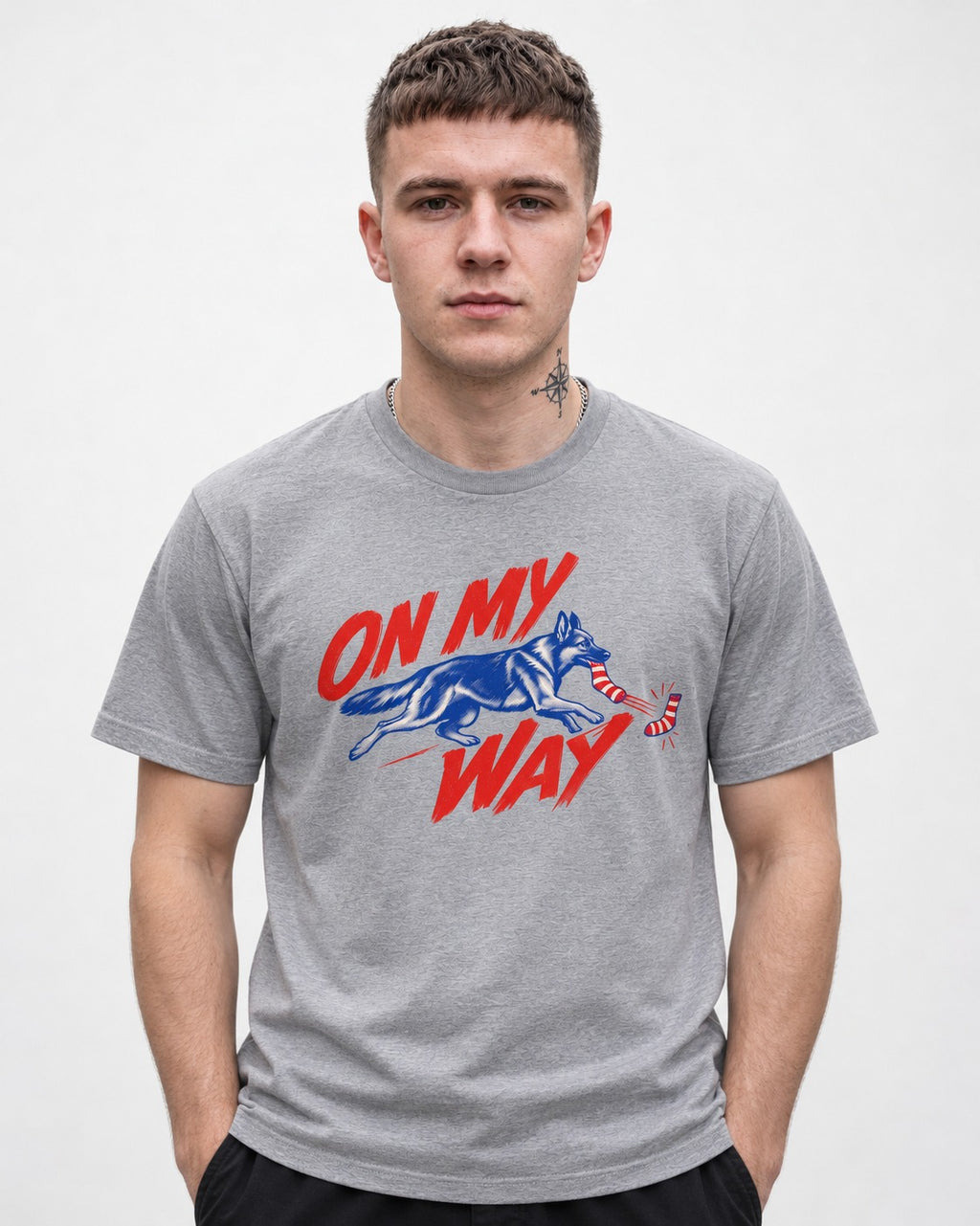 German Shepherd Dog On My Way Sock Chase Graphic T-Shirt in Sport Grey, worn by a model
