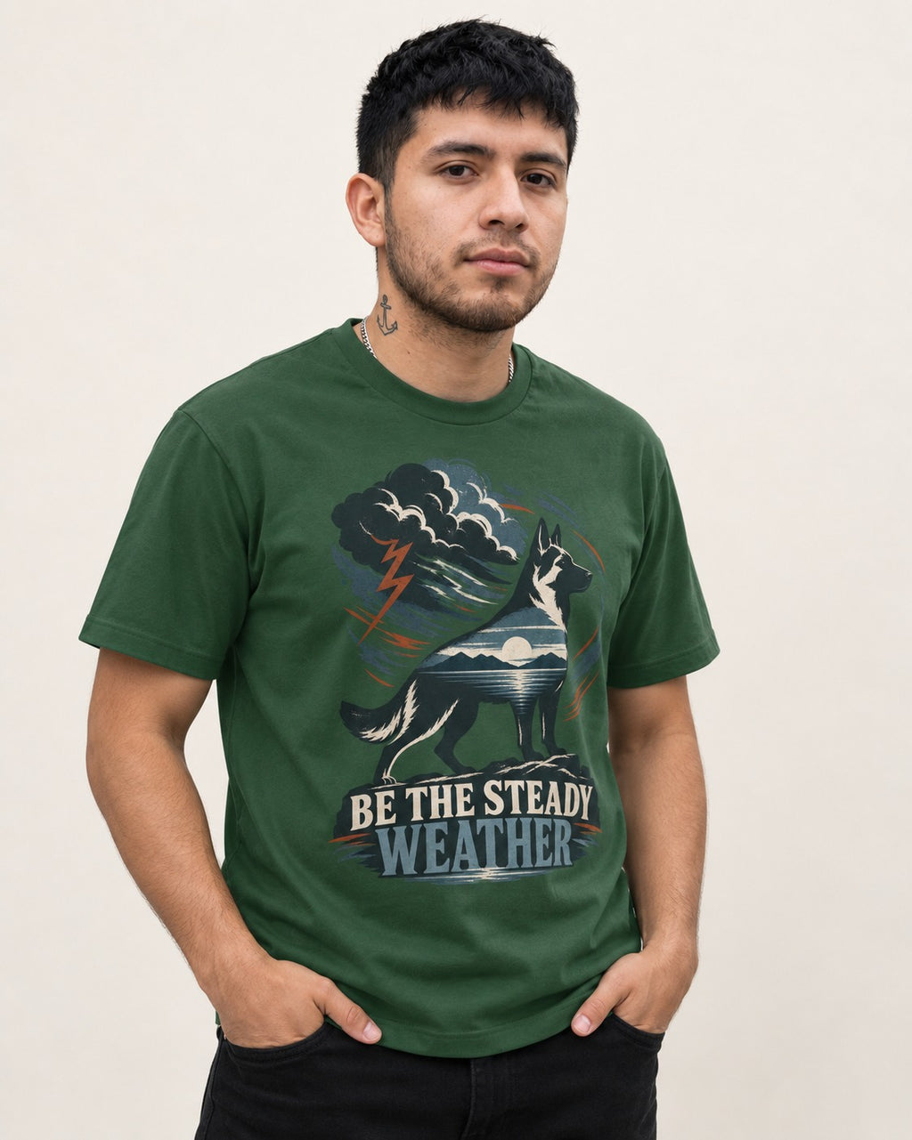Be the Steady Weather Storm German Shepherd Dog Graphic T-Shirt in Forest Green, worn by a model