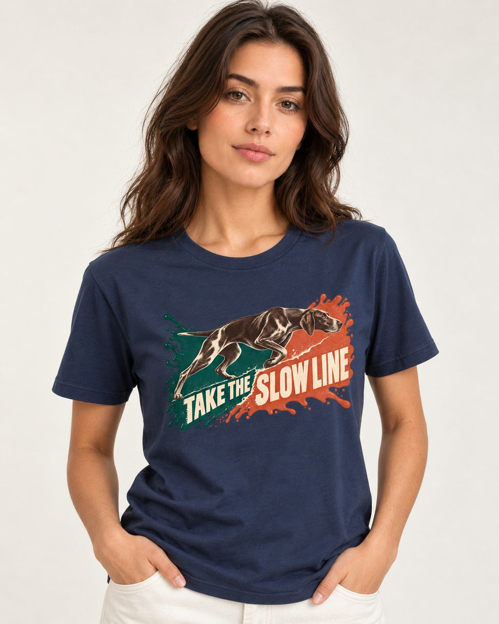 German Shorthaired Pointer Take The Slow Line Paint Splash Graphic T-Shirt in Navy, worn by a model
