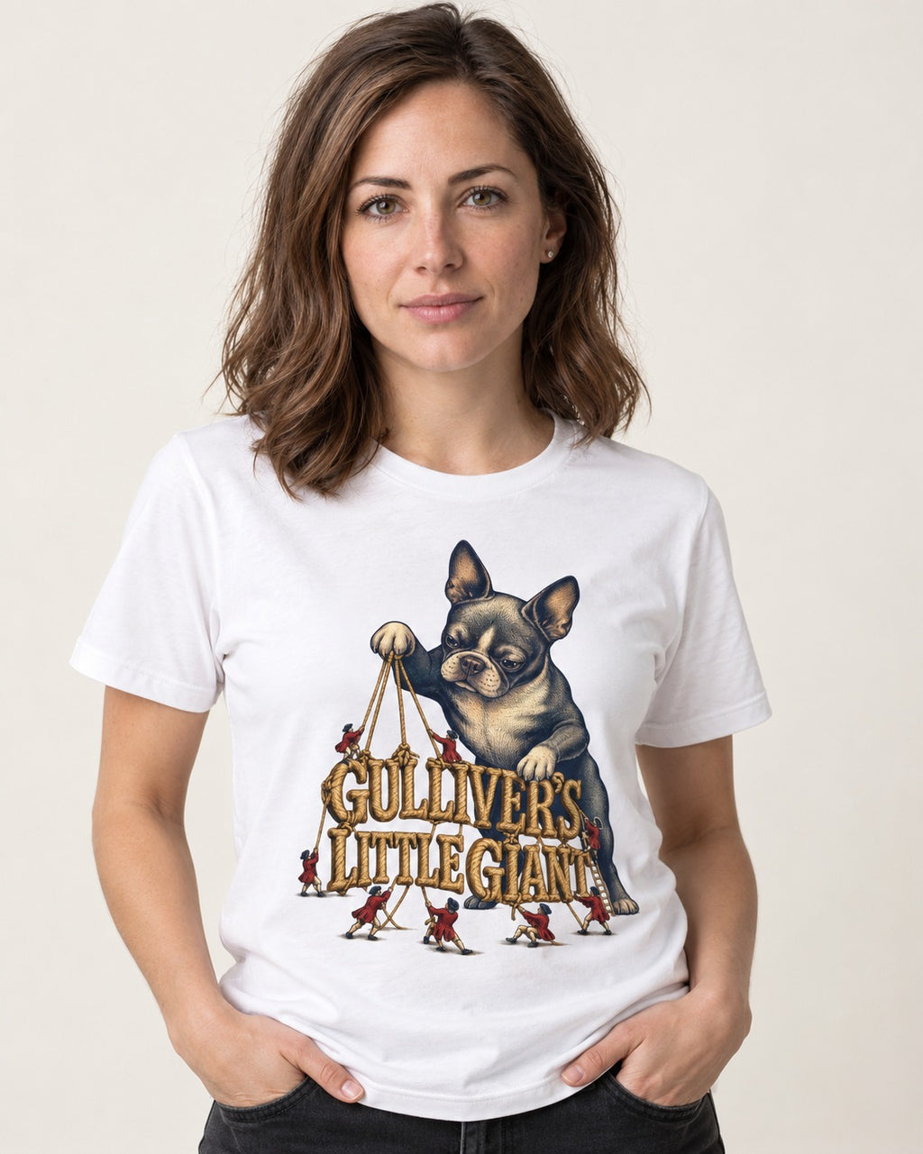 Boston Terrier Gulliver’s Little Giant T-Shirt in White, worn by a model
