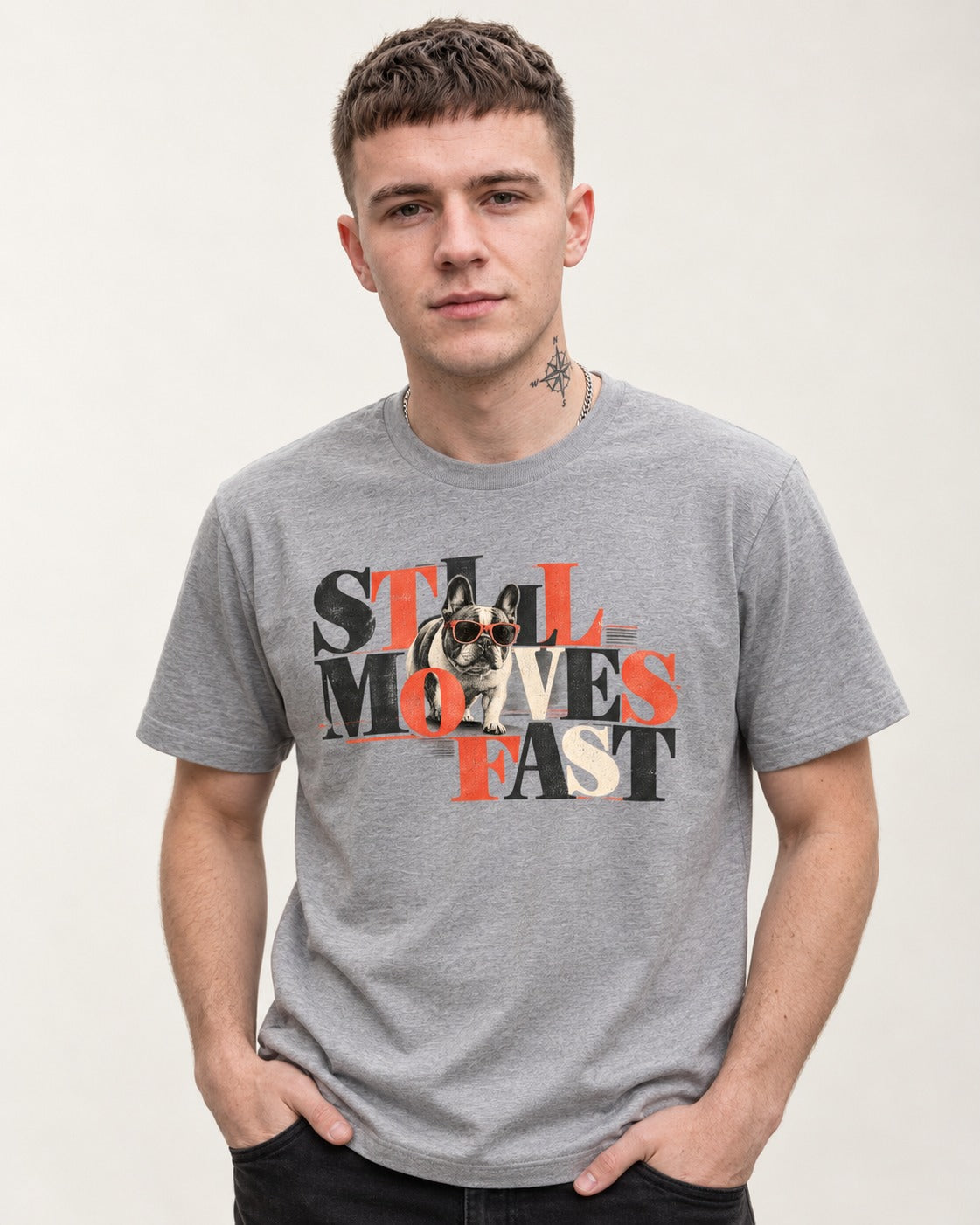 Frenchie Still Moves Fast T-Shirt in Sport Grey, worn by a model