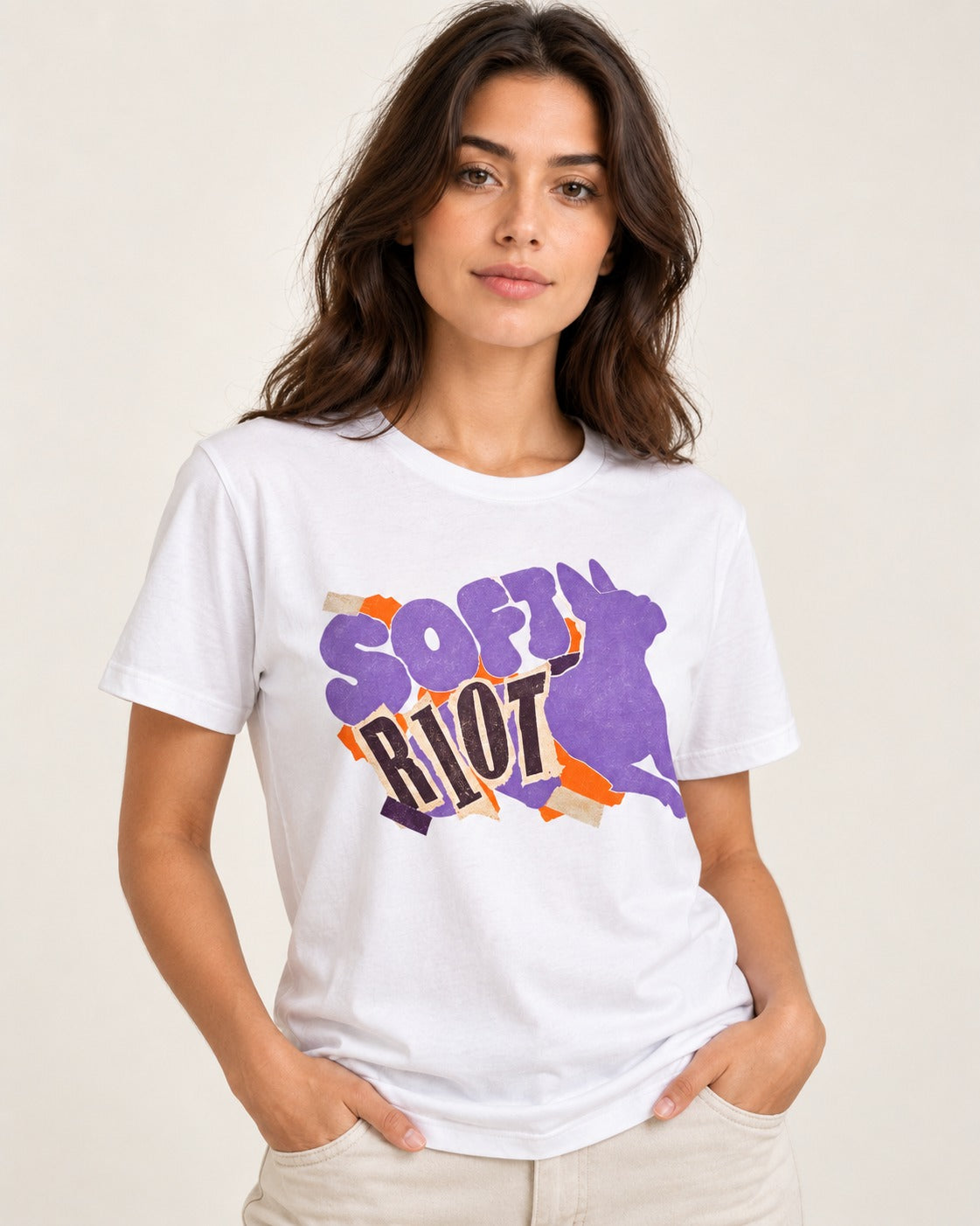 Soft Riot Boston Terrier Graphic T-Shirt in White, worn by a model
