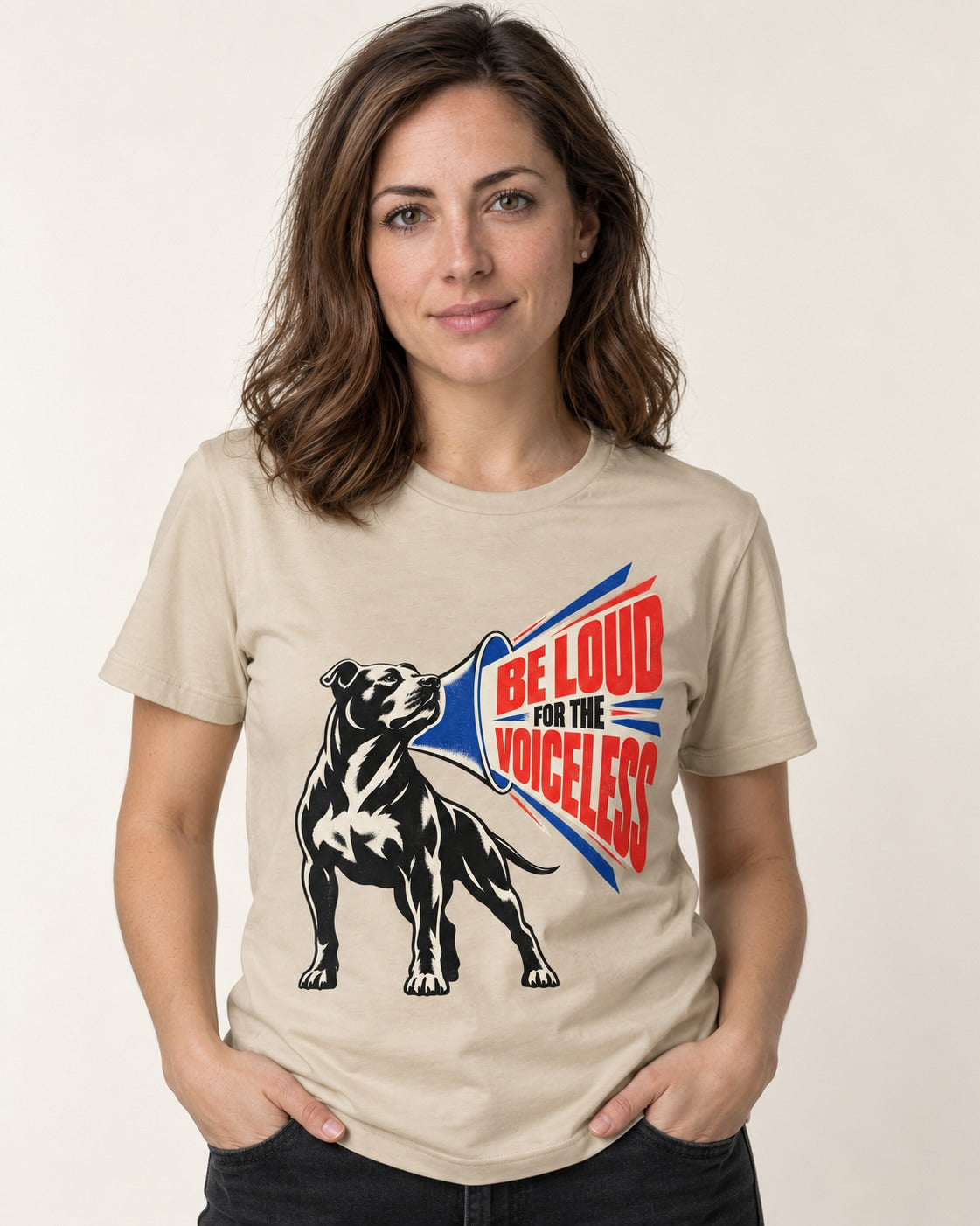 Pitbull For the Voiceless T-Shirt in Sand, worn by a model