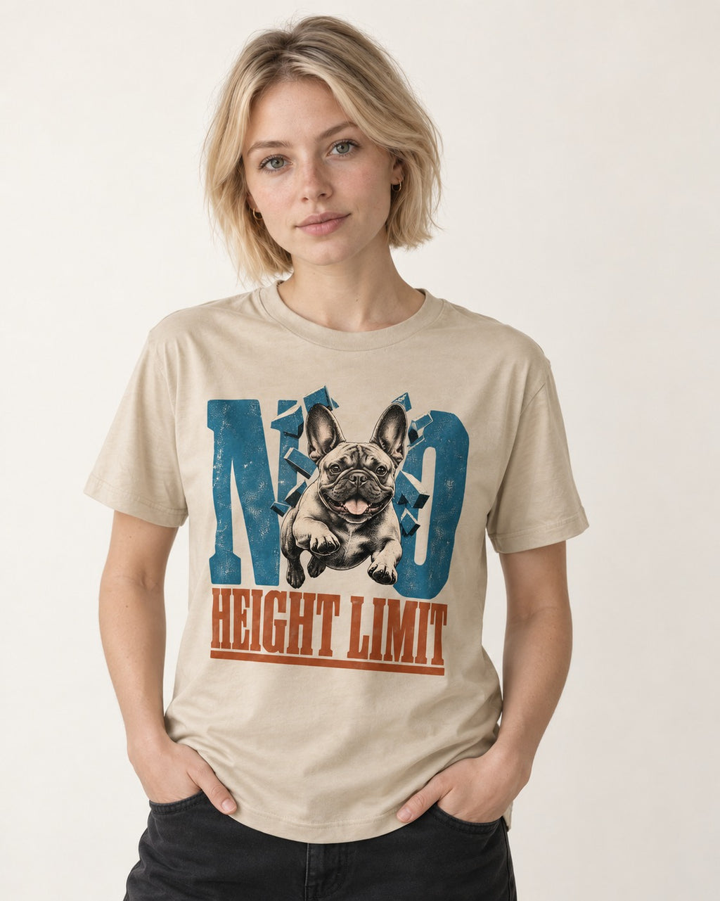 No Height Limit Frenchie T-Shirt in Sand, worn by a model