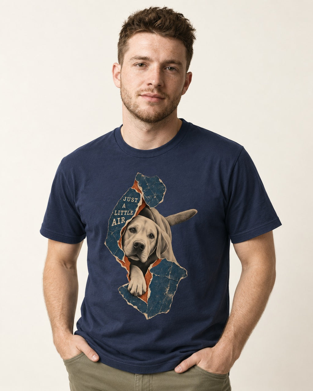 Labrador Retriever Just a Little Air Torn Paper Graphic T-Shirt in Navy, worn by a model